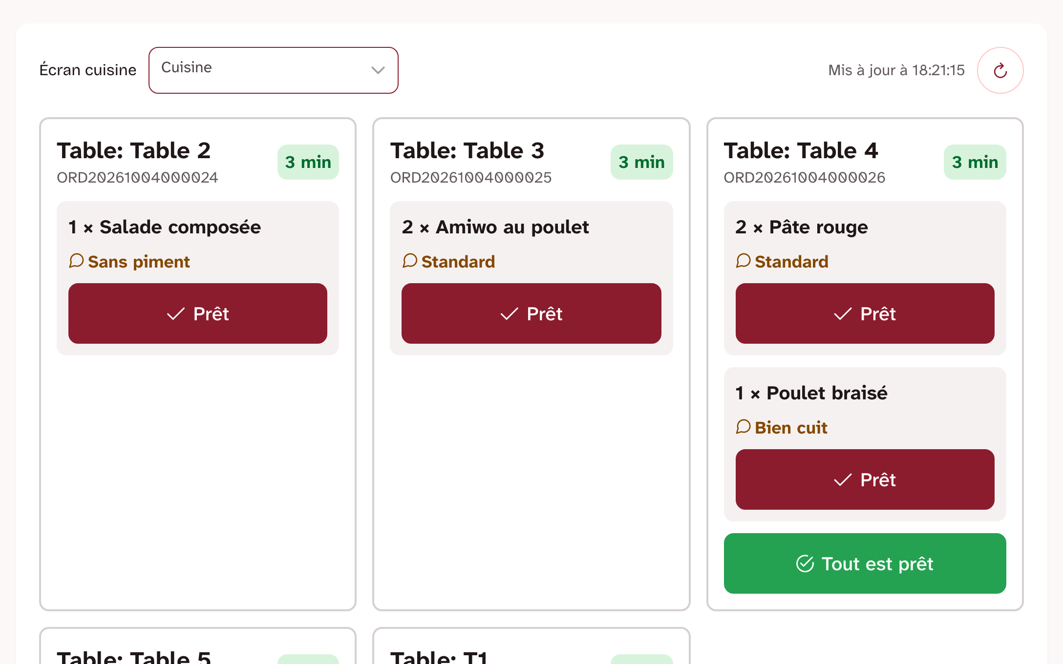 Écran cuisine de Serveoh : une carte par table avec les plats à préparer, la consigne du serveur et le bouton Prêt.