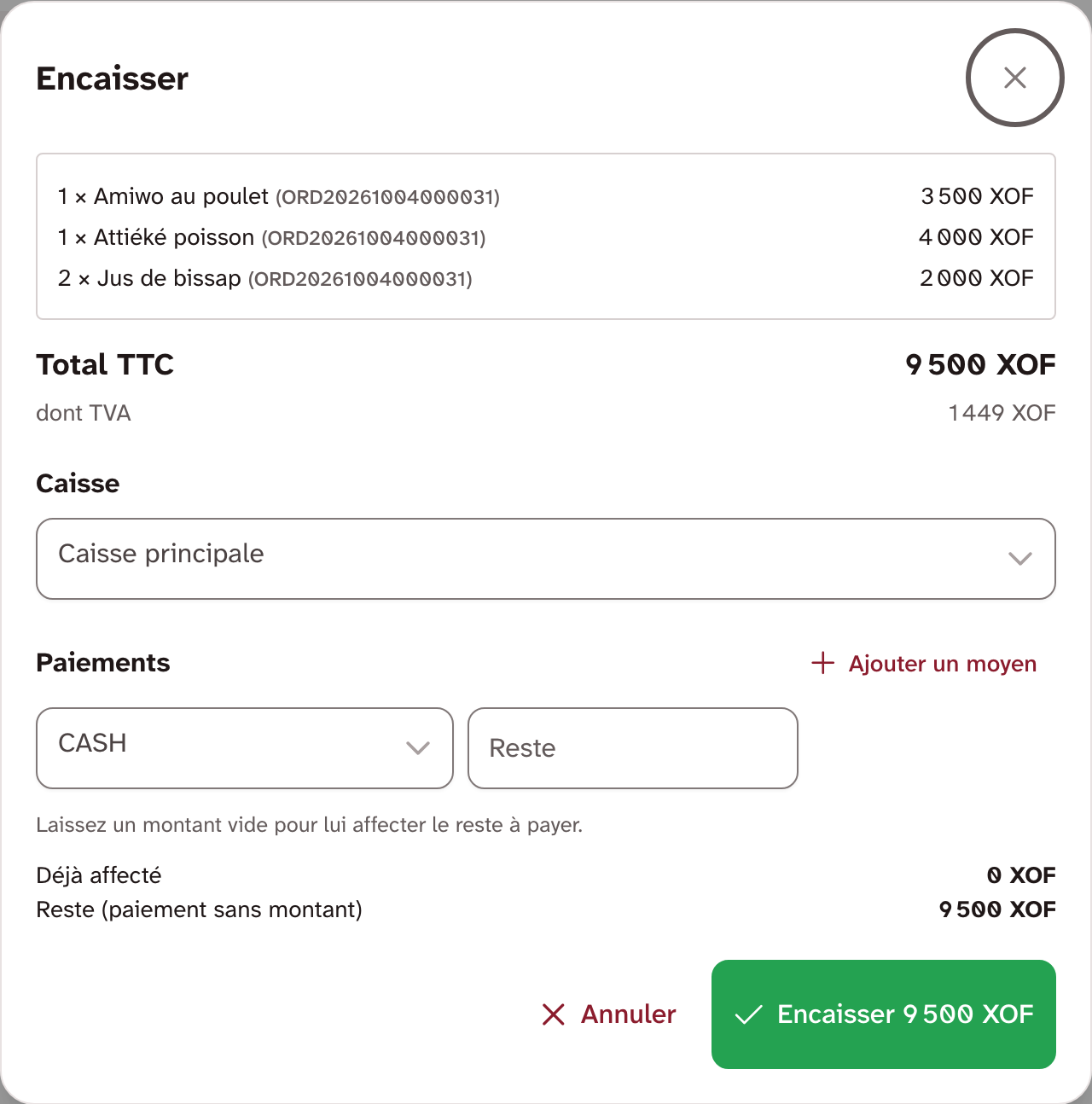 Fenêtre Encaisser de Serveoh : détail des articles, total TTC, choix de la caisse et du moyen de paiement.